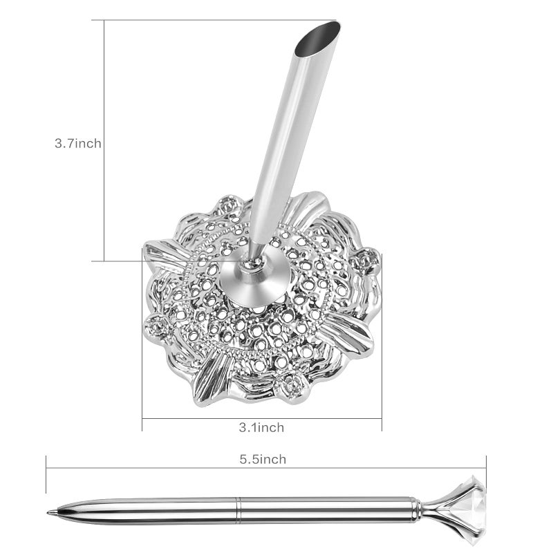 RUTICH Hollow Round Pen Holder Signing Pen Set with Big Diamond Crystal Pen for Wedding Bridal Opening Ceremony Graduation Office, Silver(Black Ink) - Image 2